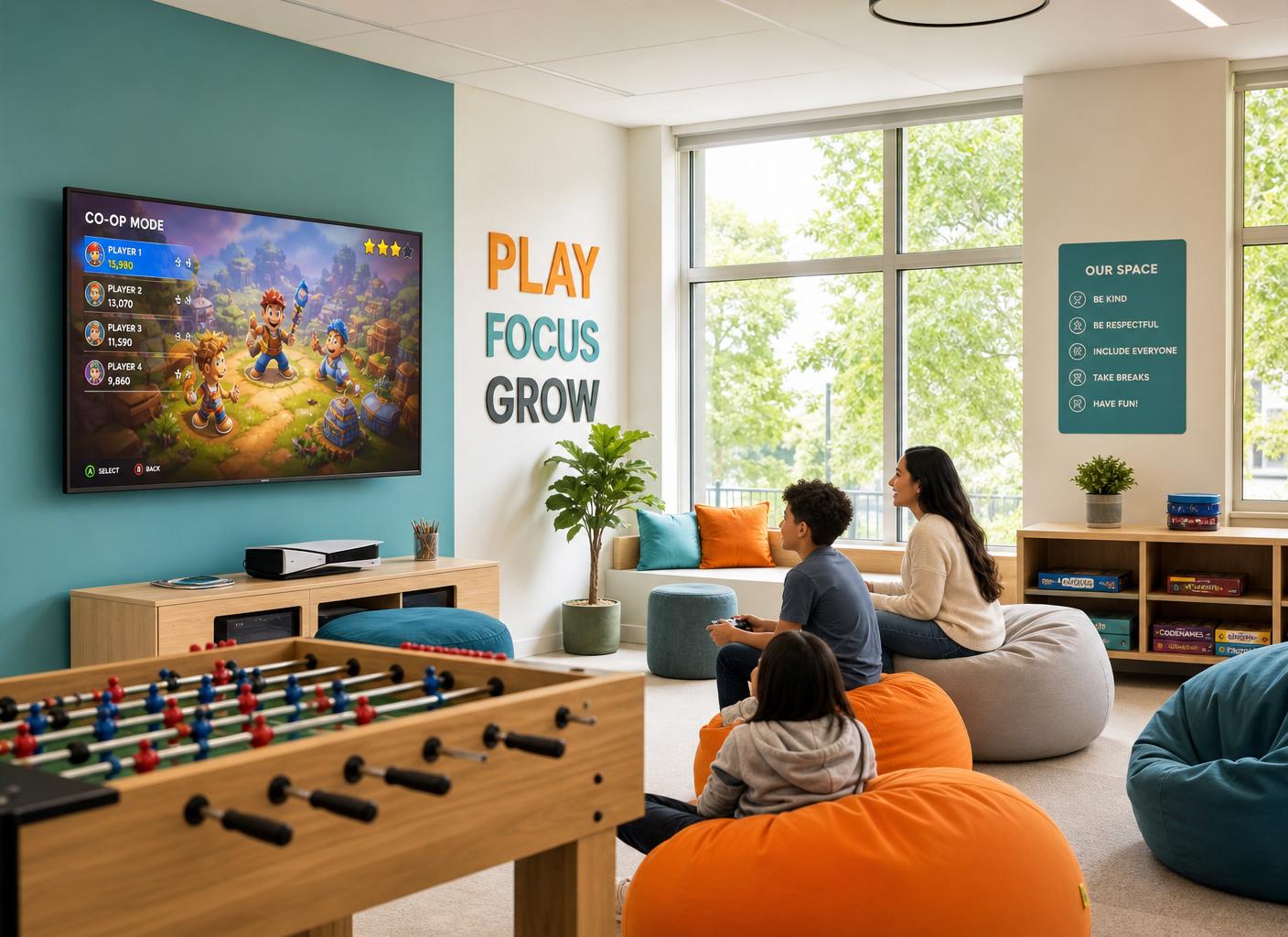 Indoor game room with wall-mounted TV, video game console, and foosball table