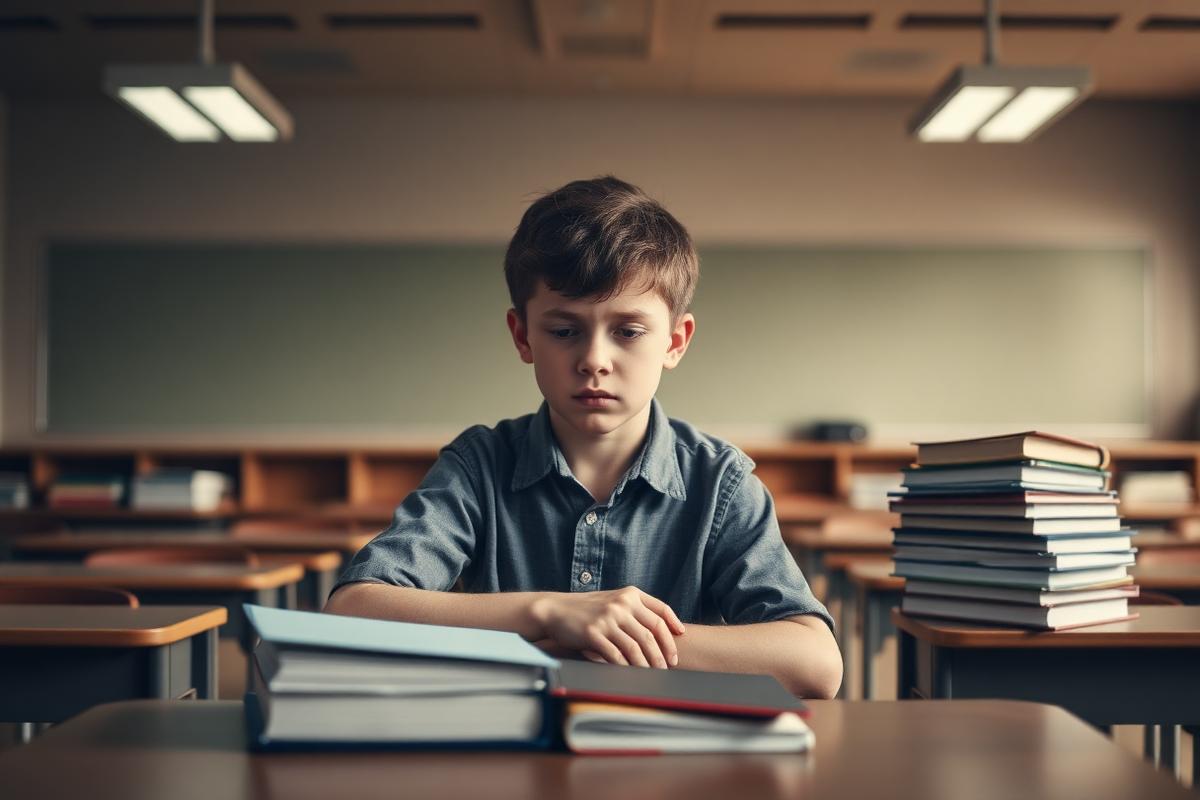 A young student sitting alone in a strained classroom setting