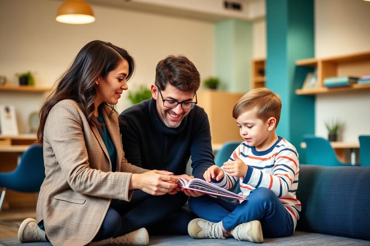 A specialist coaching a parent while their child engages with a lesson