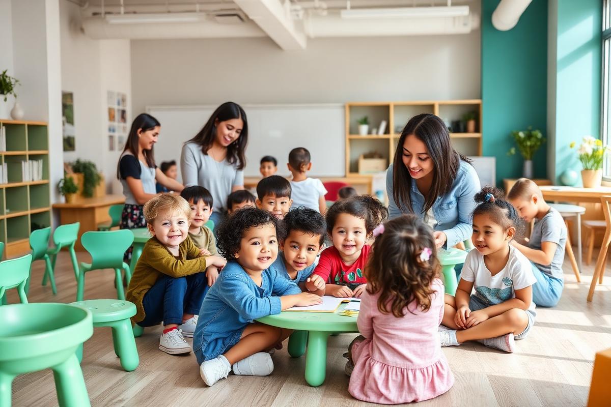 Children learning together in a bright cooperative space