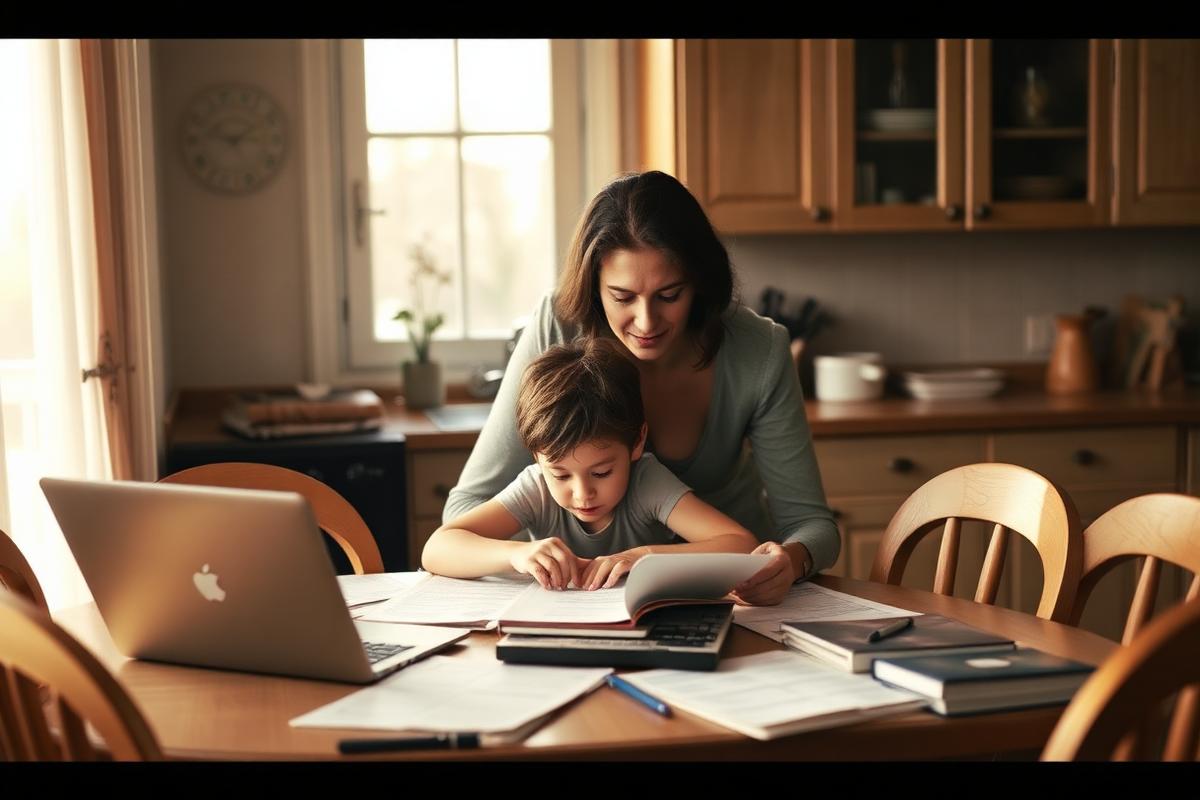 A parent helping a child with schoolwork at the kitchen table